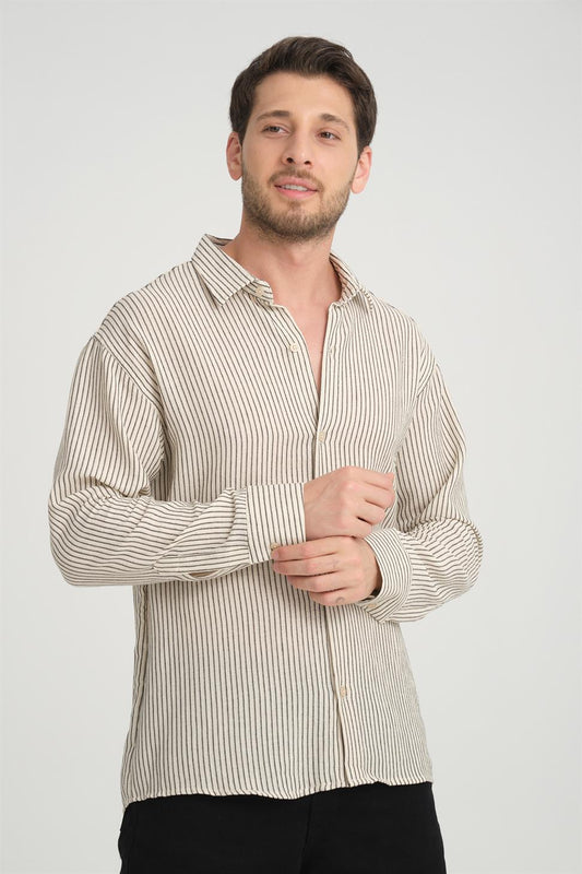 R-6034 Stand Collar Long Sleeve Striped Shirt – Beige