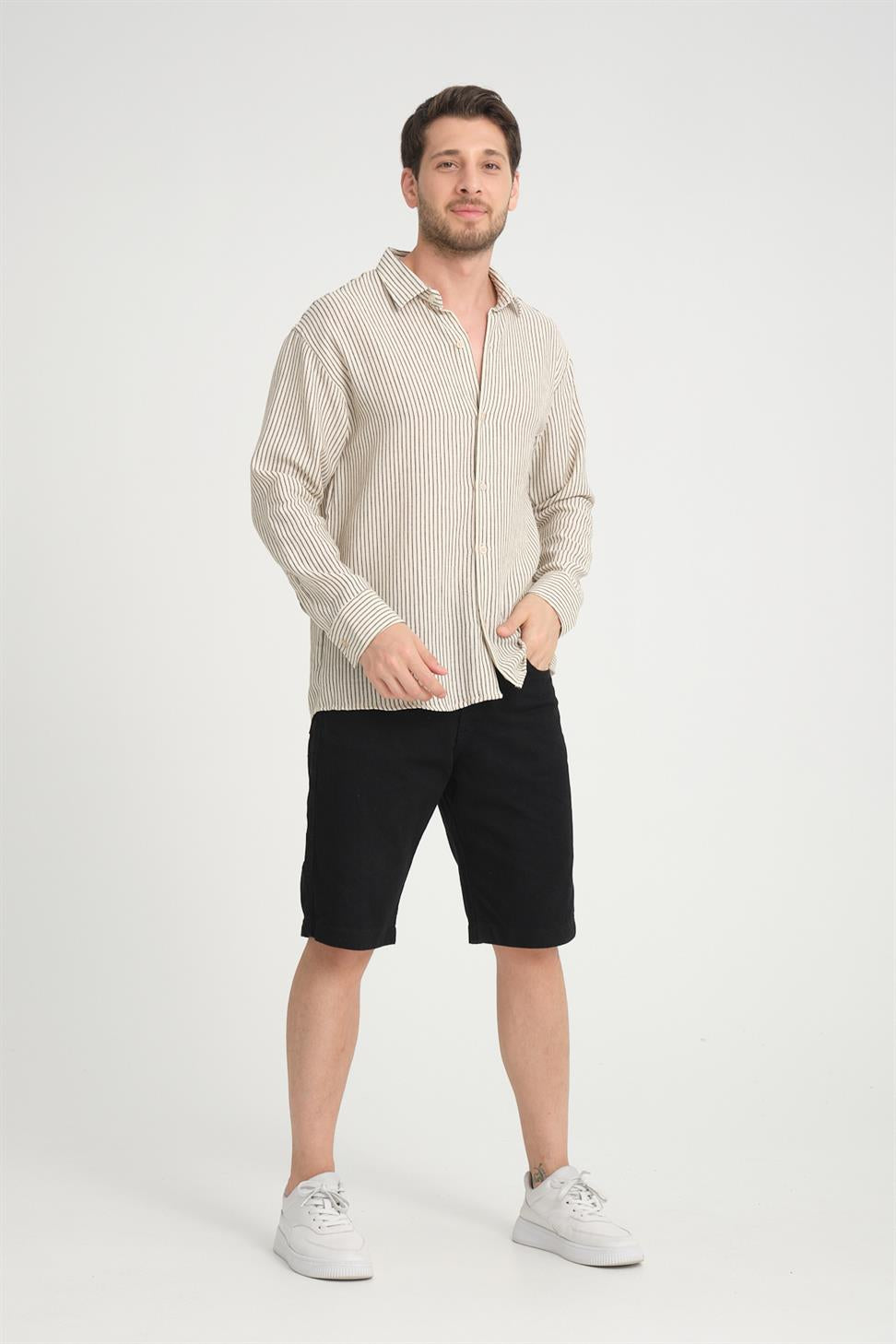 R-6034 Stand Collar Long Sleeve Striped Shirt – Beige
