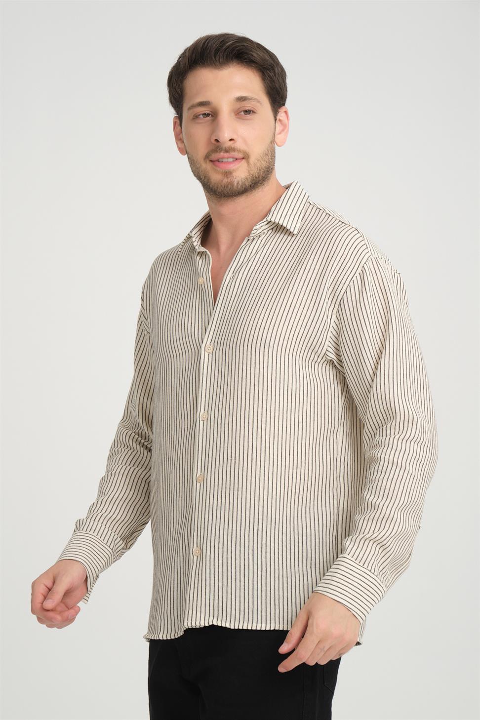 R-6034 Stand Collar Long Sleeve Striped Shirt – Beige