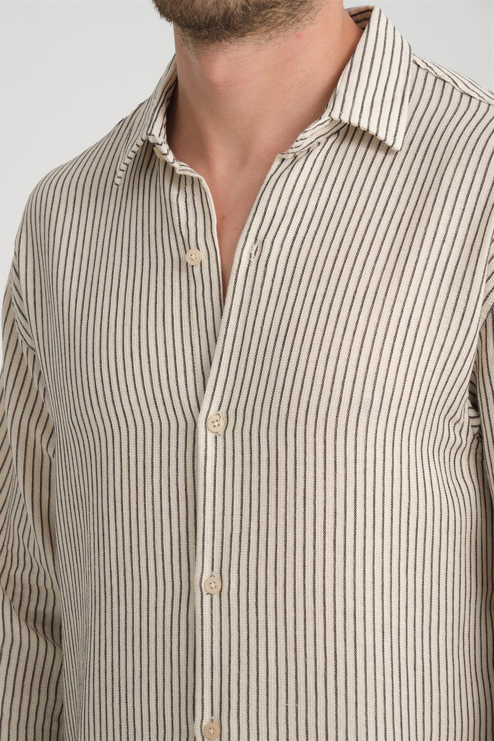 R-6034 Stand Collar Long Sleeve Striped Shirt – Beige