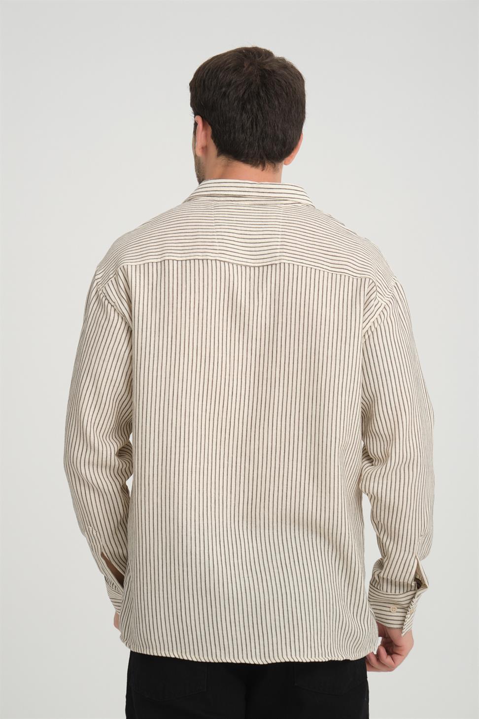 R-6034 Stand Collar Long Sleeve Striped Shirt – Beige