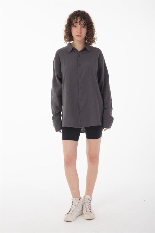 R-6044 Men’s Stand Collar Long Sleeve Linen Shirt – Anthracite