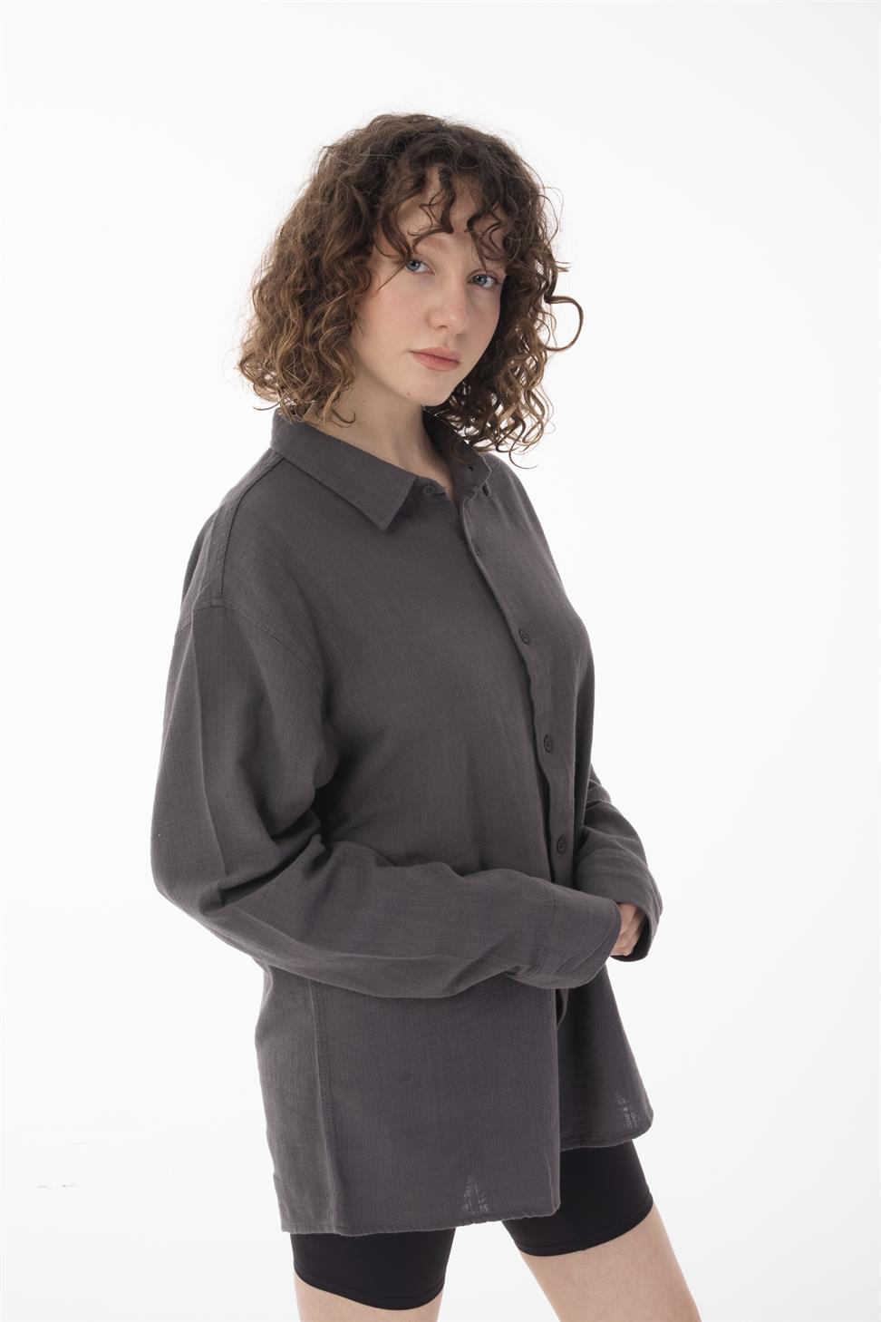 R-6044 Men’s Stand Collar Long Sleeve Linen Shirt – Anthracite