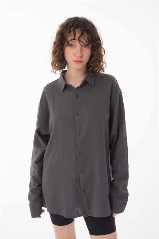 R-6044 Men’s Stand Collar Long Sleeve Linen Shirt – Anthracite