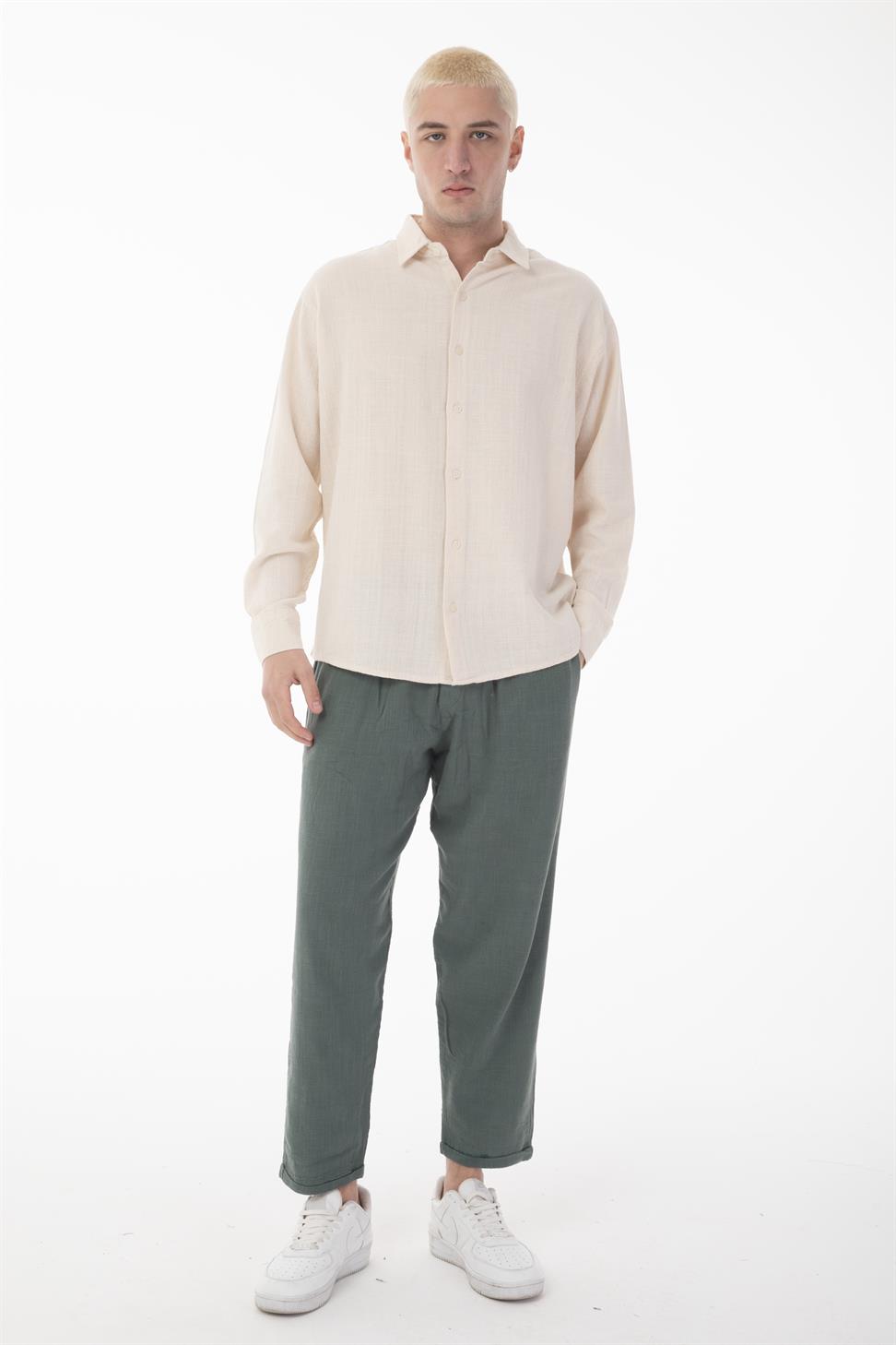 R-6044 Men’s Stand Collar Long Sleeve Linen Shirt – Blue