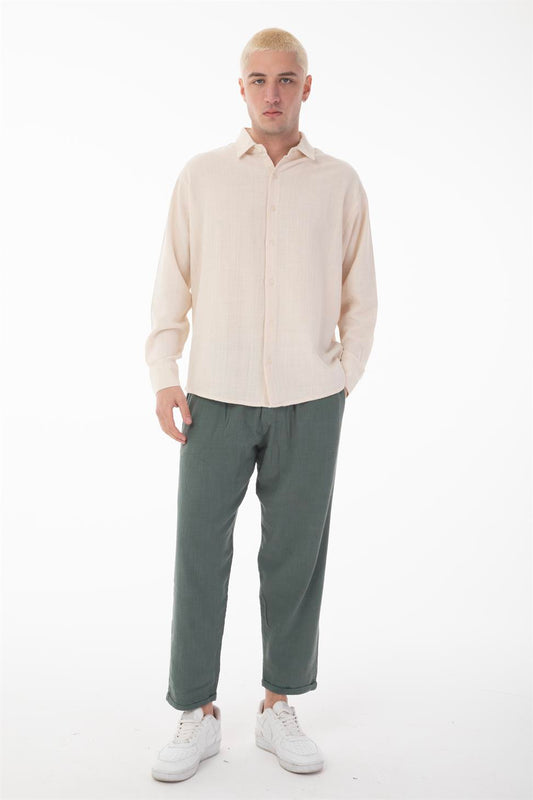 R-6044 Men’s Stand Collar Long Sleeve Linen Shirt – Blue