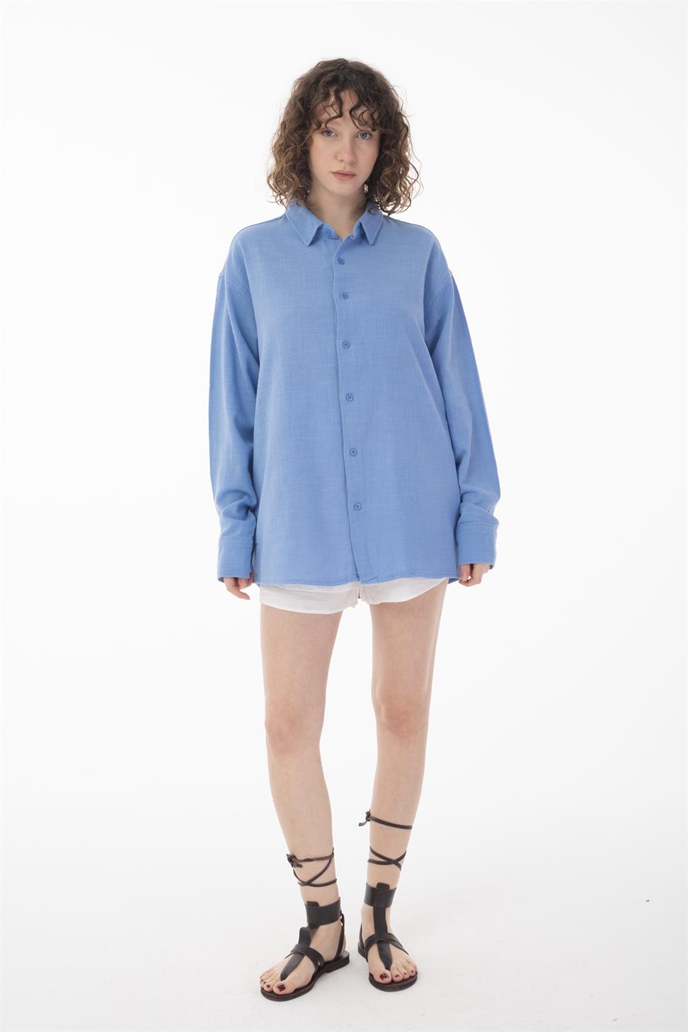 R-6044 Men’s Stand Collar Long Sleeve Linen Shirt – Blue