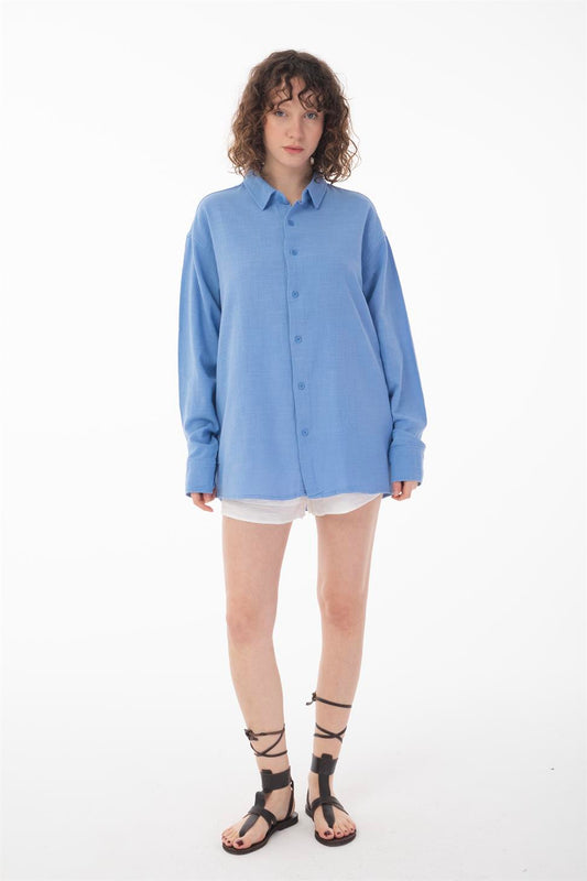 R-6044 Men’s Stand Collar Long Sleeve Linen Shirt – Blue