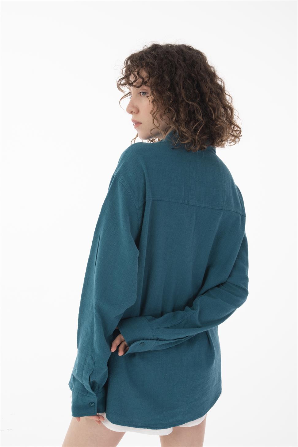 R-6044 Men’s Stand Collar Long Sleeve Linen Shirt – Petrol Green