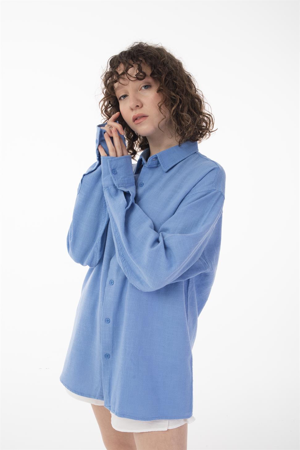 R-6044 Men’s Stand Collar Long Sleeve Linen Shirt – Blue