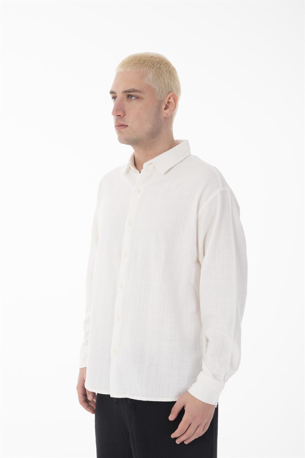 R-6044 Men’s Stand Collar Long Sleeve Linen Shirt – White