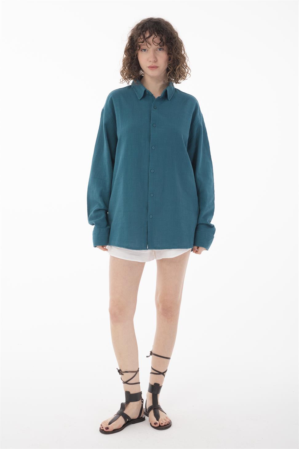 R-6044 Men’s Stand Collar Long Sleeve Linen Shirt – Petrol Green