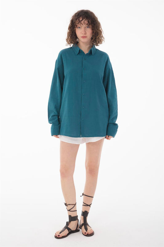 R-6044 Men’s Stand Collar Long Sleeve Linen Shirt – Petrol Green
