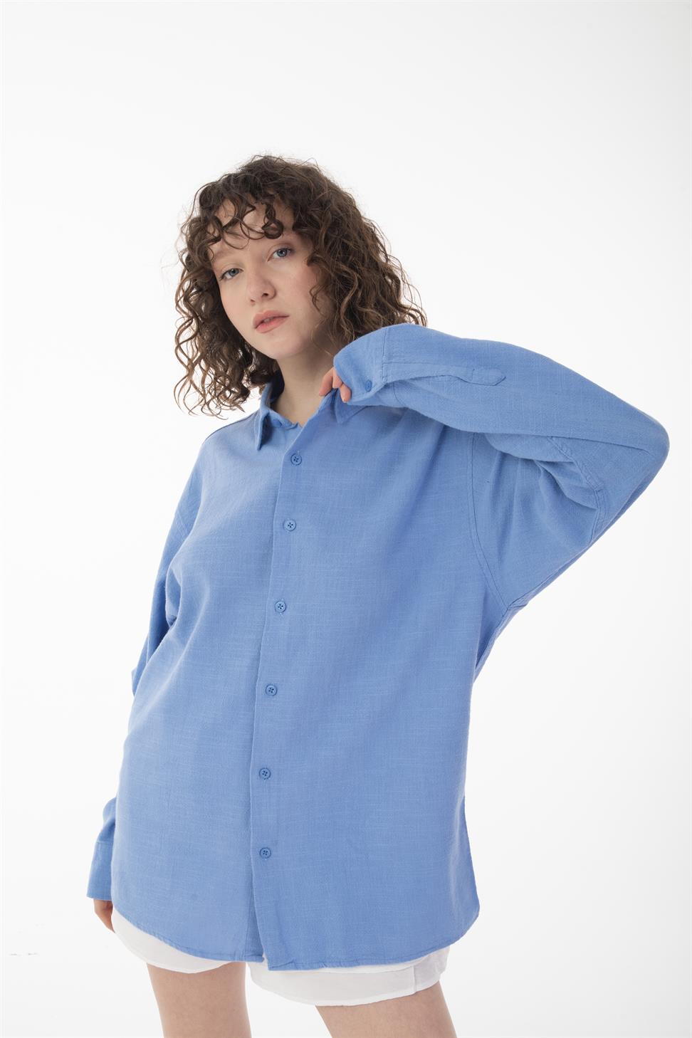 R-6044 Men’s Stand Collar Long Sleeve Linen Shirt – Blue