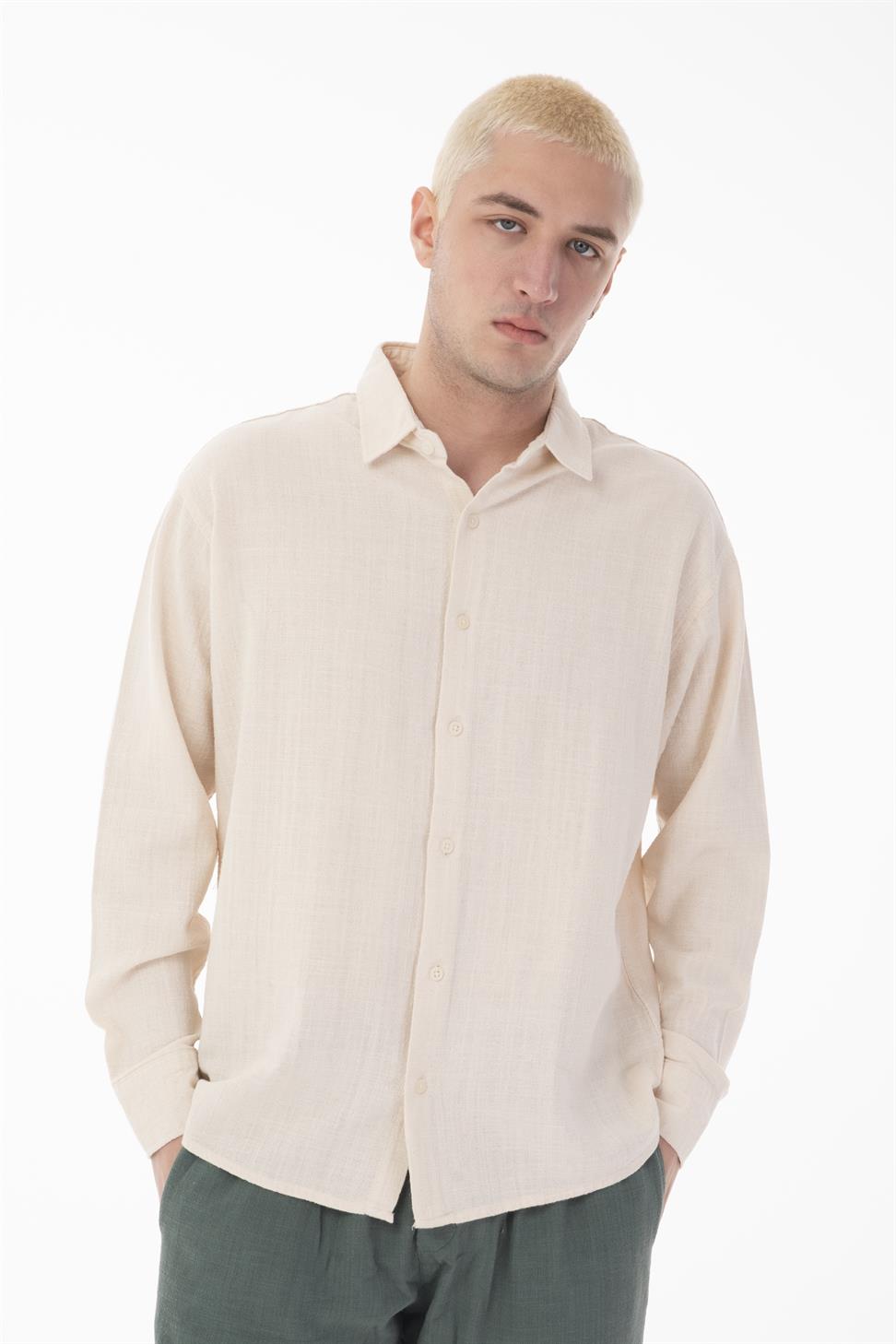 R-6044 Men’s Stand Collar Long Sleeve Linen Shirt – Blue