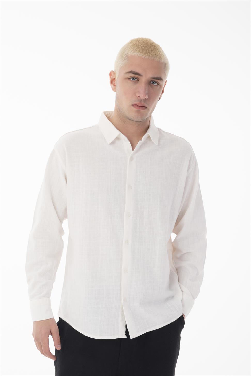 R-6044 Men’s Stand Collar Long Sleeve Linen Shirt – White