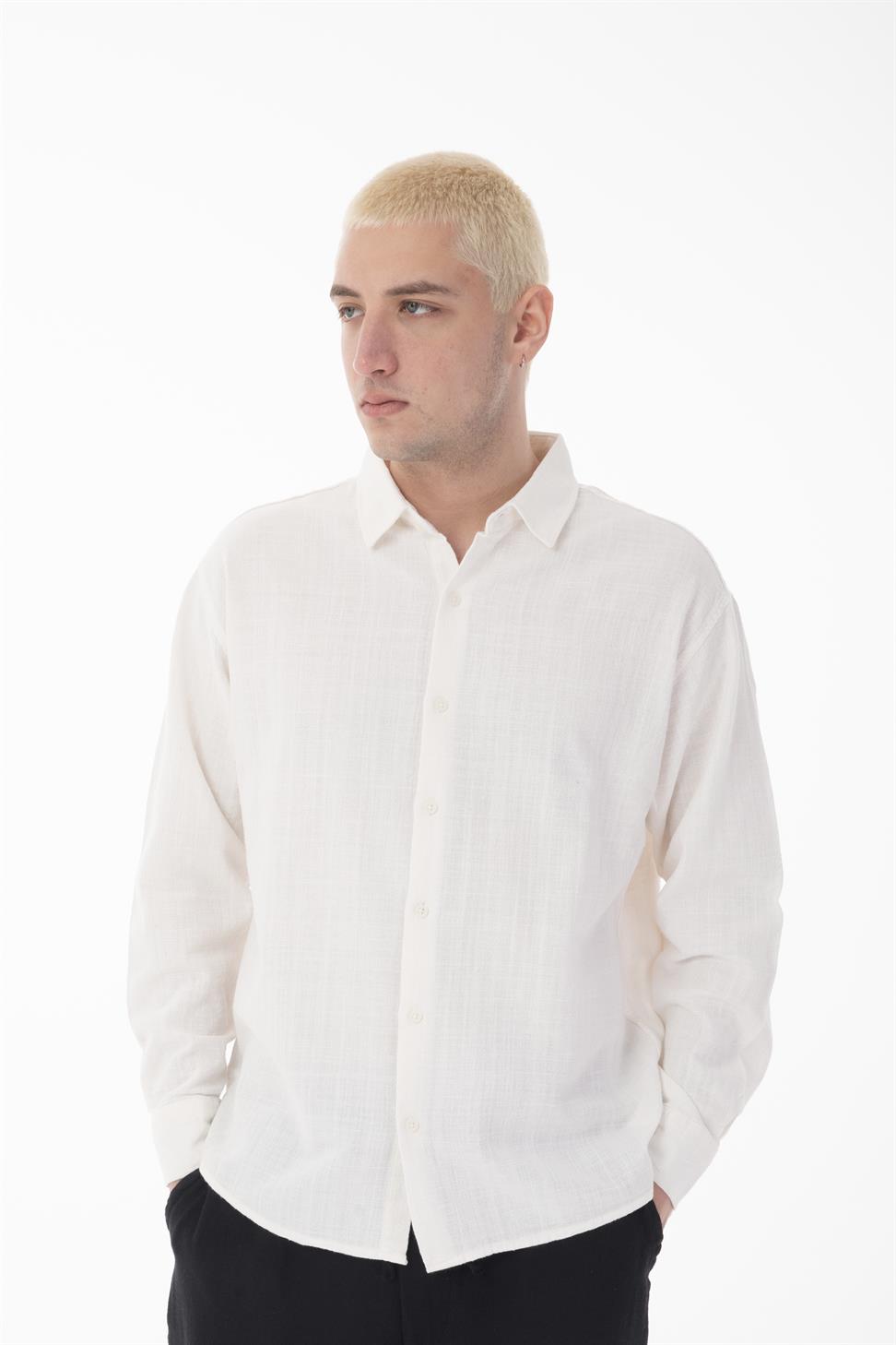 R-6044 Men’s Stand Collar Long Sleeve Linen Shirt – White