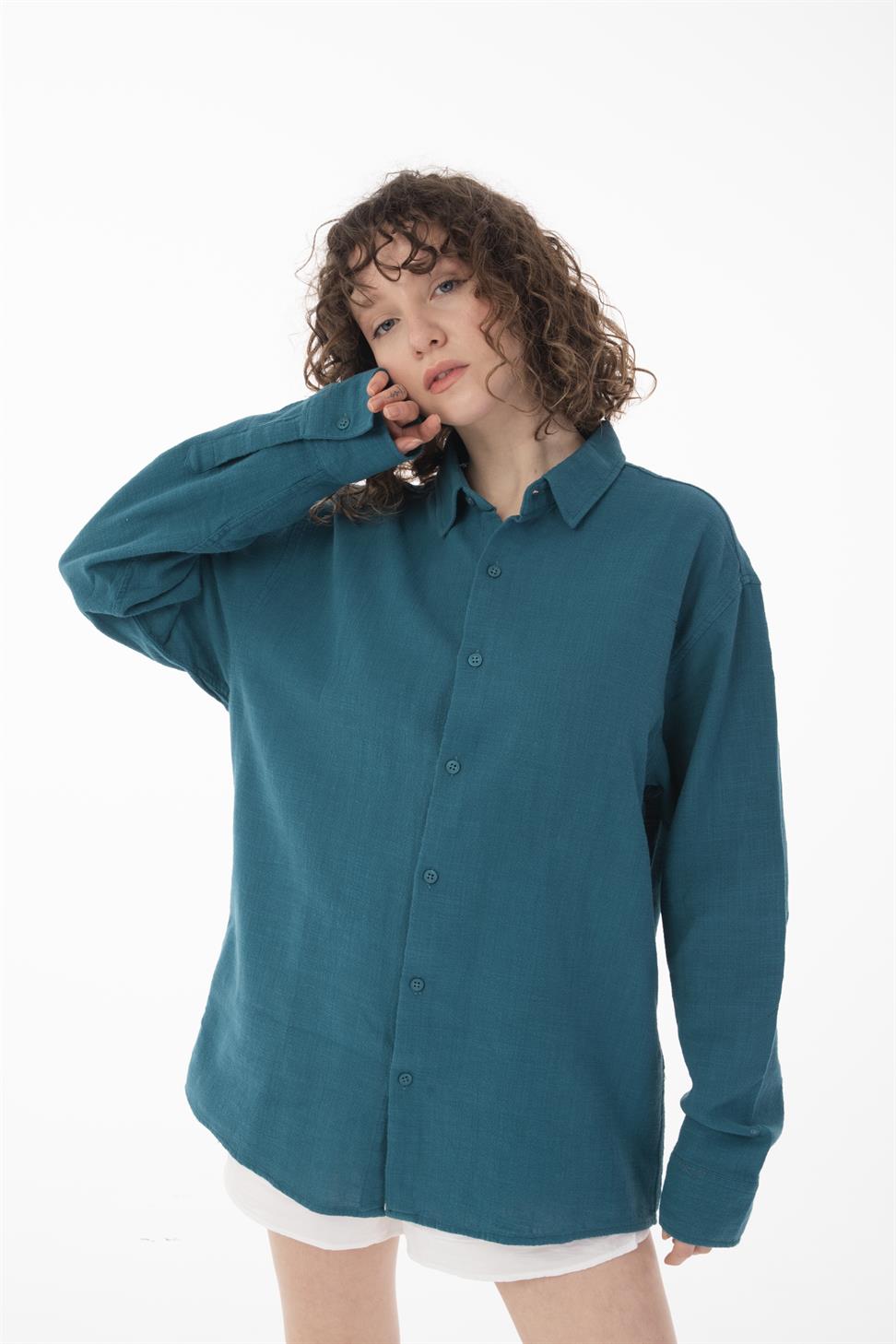 R-6044 Men’s Stand Collar Long Sleeve Linen Shirt – Petrol Green