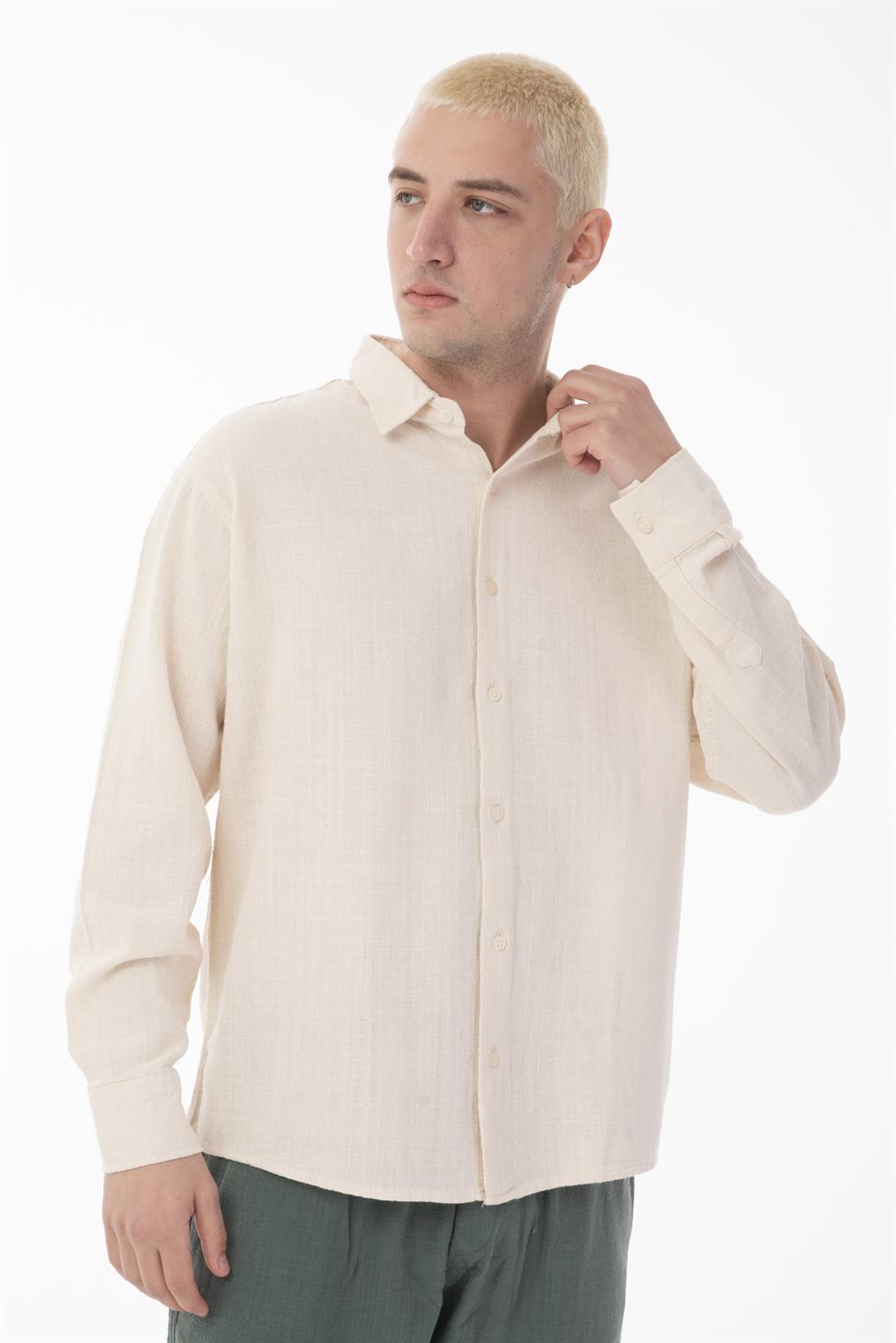 R-6044 Men’s Stand Collar Long Sleeve Linen Shirt – Blue