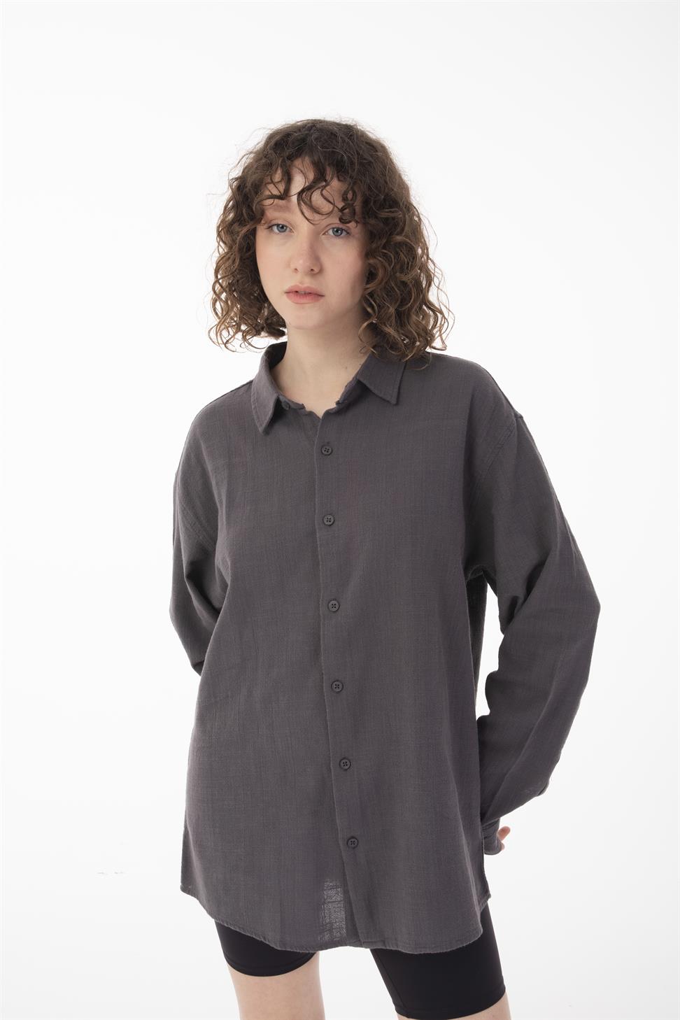 R-6044 Men’s Stand Collar Long Sleeve Linen Shirt – Anthracite