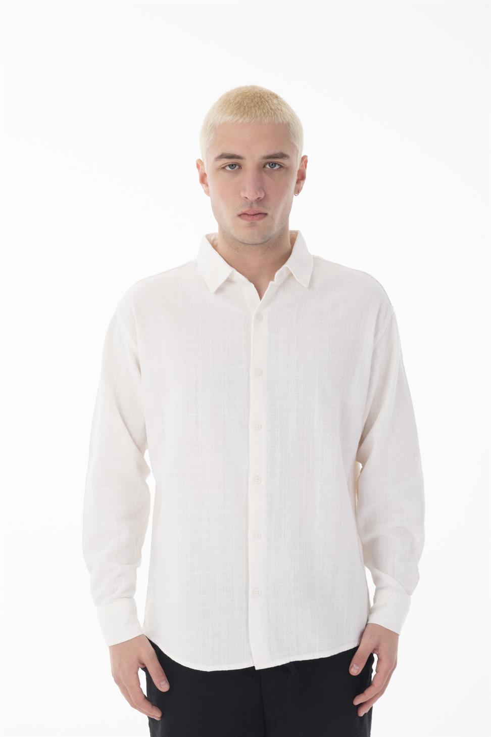 R-6044 Men’s Stand Collar Long Sleeve Linen Shirt – White