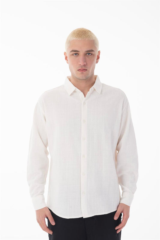 R-6044 Men’s Stand Collar Long Sleeve Linen Shirt – White