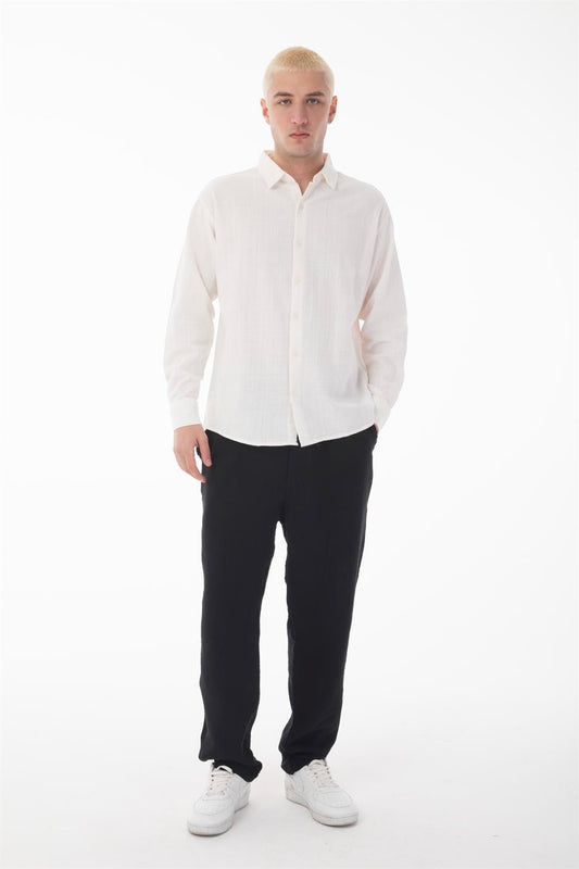 R-6044 Men’s Stand Collar Long Sleeve Linen Shirt – White