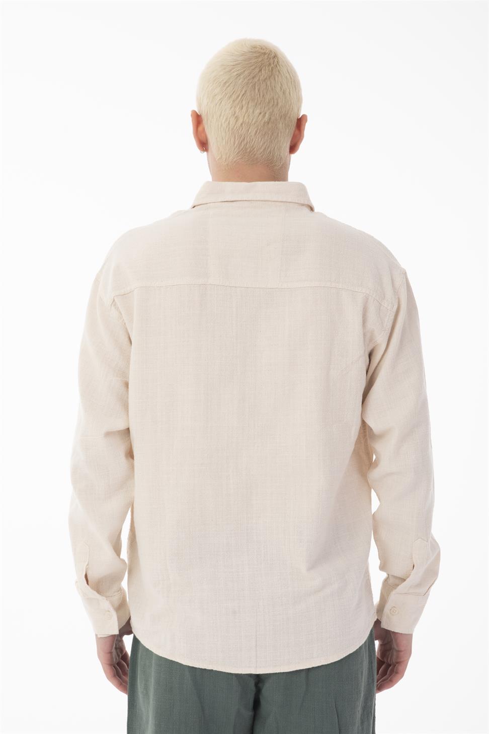 R-6044 Men’s Stand Collar Long Sleeve Linen Shirt – Blue