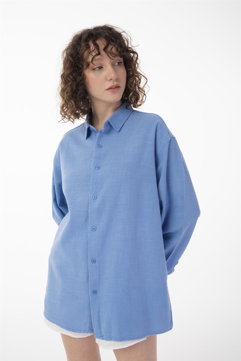 R-6044 Men’s Stand Collar Long Sleeve Linen Shirt – Blue
