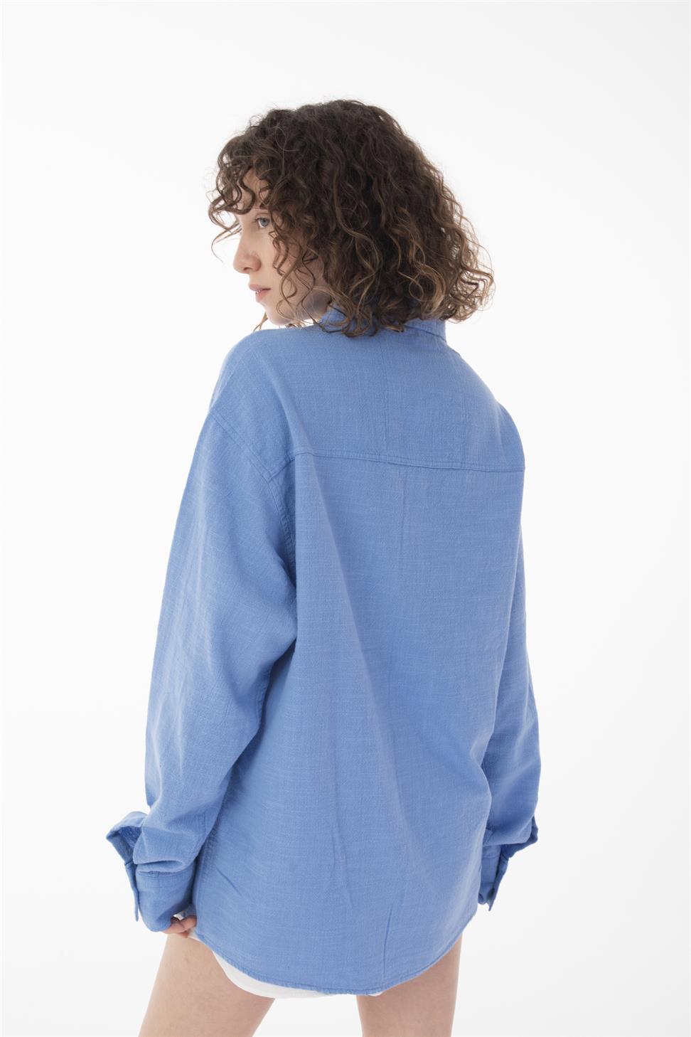 R-6044 Men’s Stand Collar Long Sleeve Linen Shirt – Blue