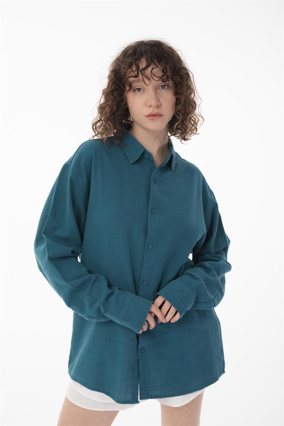 R-6044 Men’s Stand Collar Long Sleeve Linen Shirt – Petrol Green