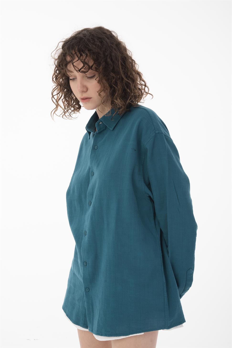 R-6044 Men’s Stand Collar Long Sleeve Linen Shirt – Petrol Green