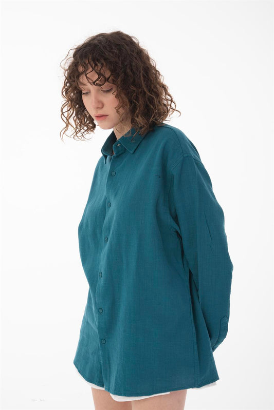 R-6044 Men’s Stand Collar Long Sleeve Linen Shirt – Petrol Green