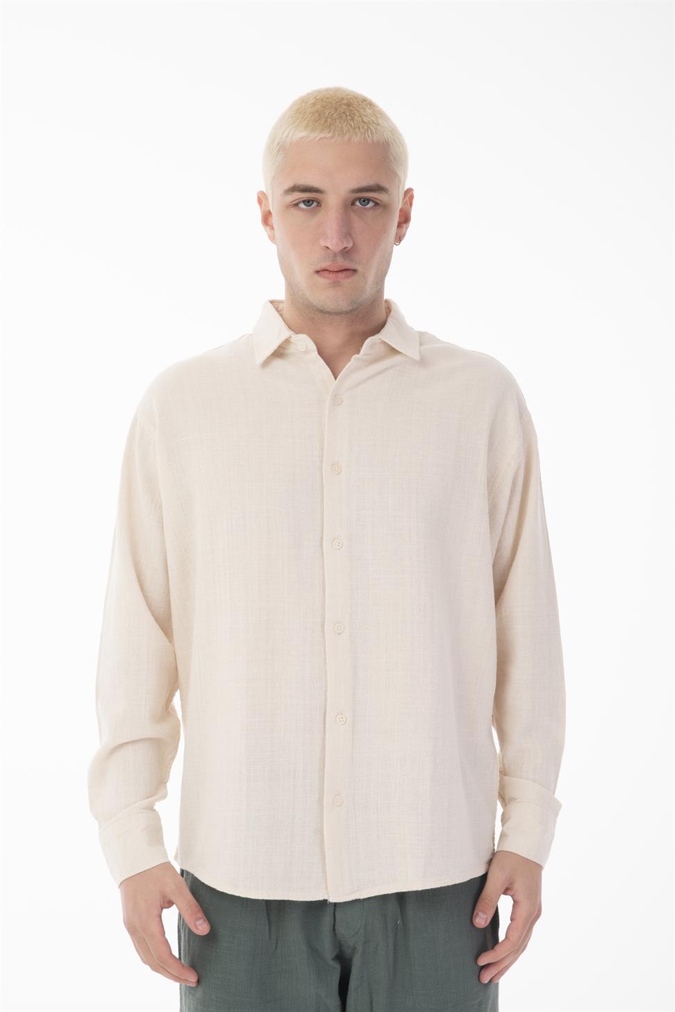R-6044 Men’s Stand Collar Long Sleeve Linen Shirt – Blue