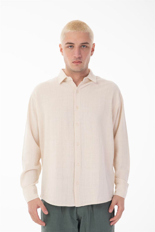 R-6044 Men’s Stand Collar Long Sleeve Linen Shirt – Blue