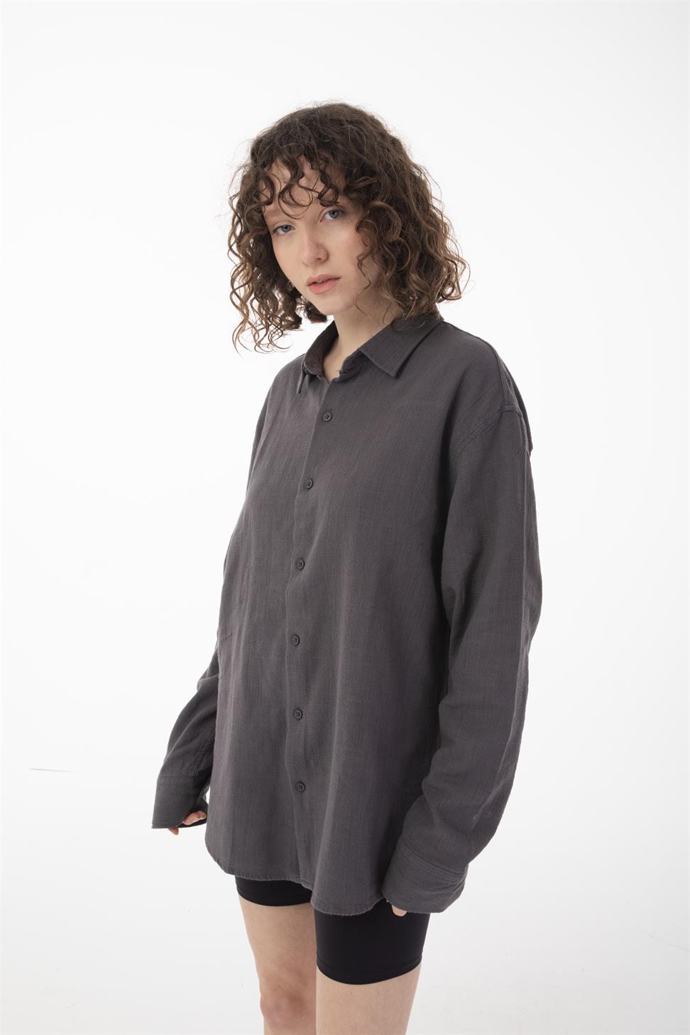 R-6044 Men’s Stand Collar Long Sleeve Linen Shirt – Anthracite