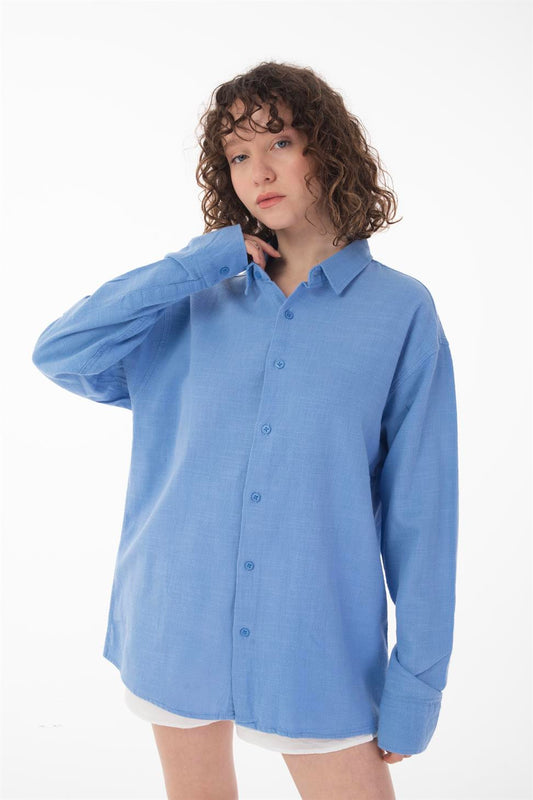 R-6044 Men’s Stand Collar Long Sleeve Linen Shirt – Blue
