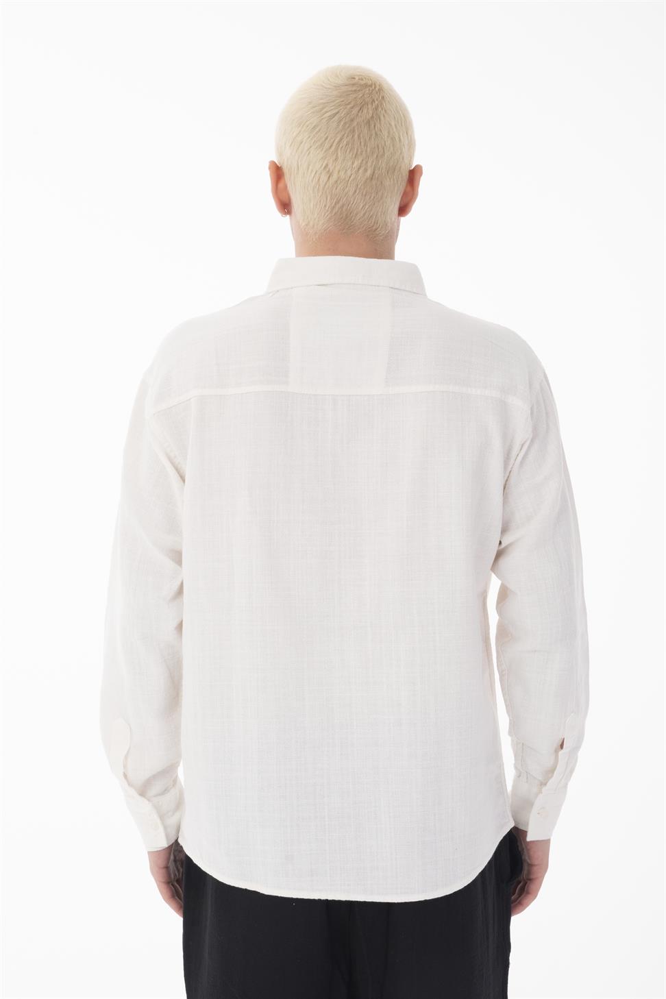 R-6044 Men’s Stand Collar Long Sleeve Linen Shirt – White