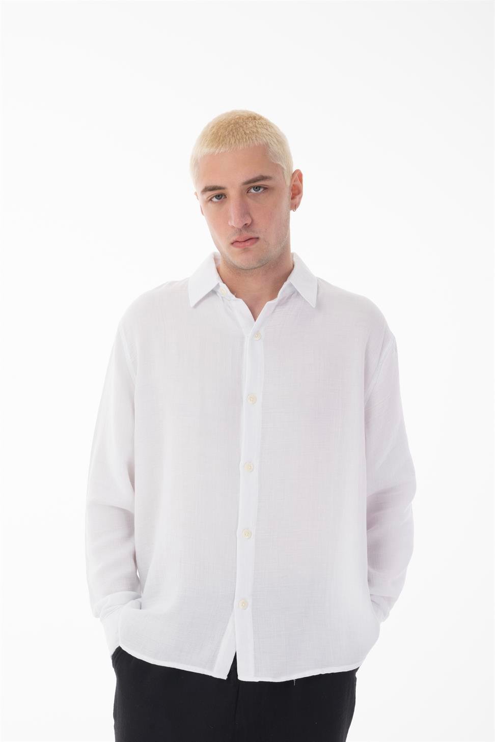 R-6048 Unisex White Cotton Muslin Shirt - Classic Long Sleeve with Back Yoke Detail