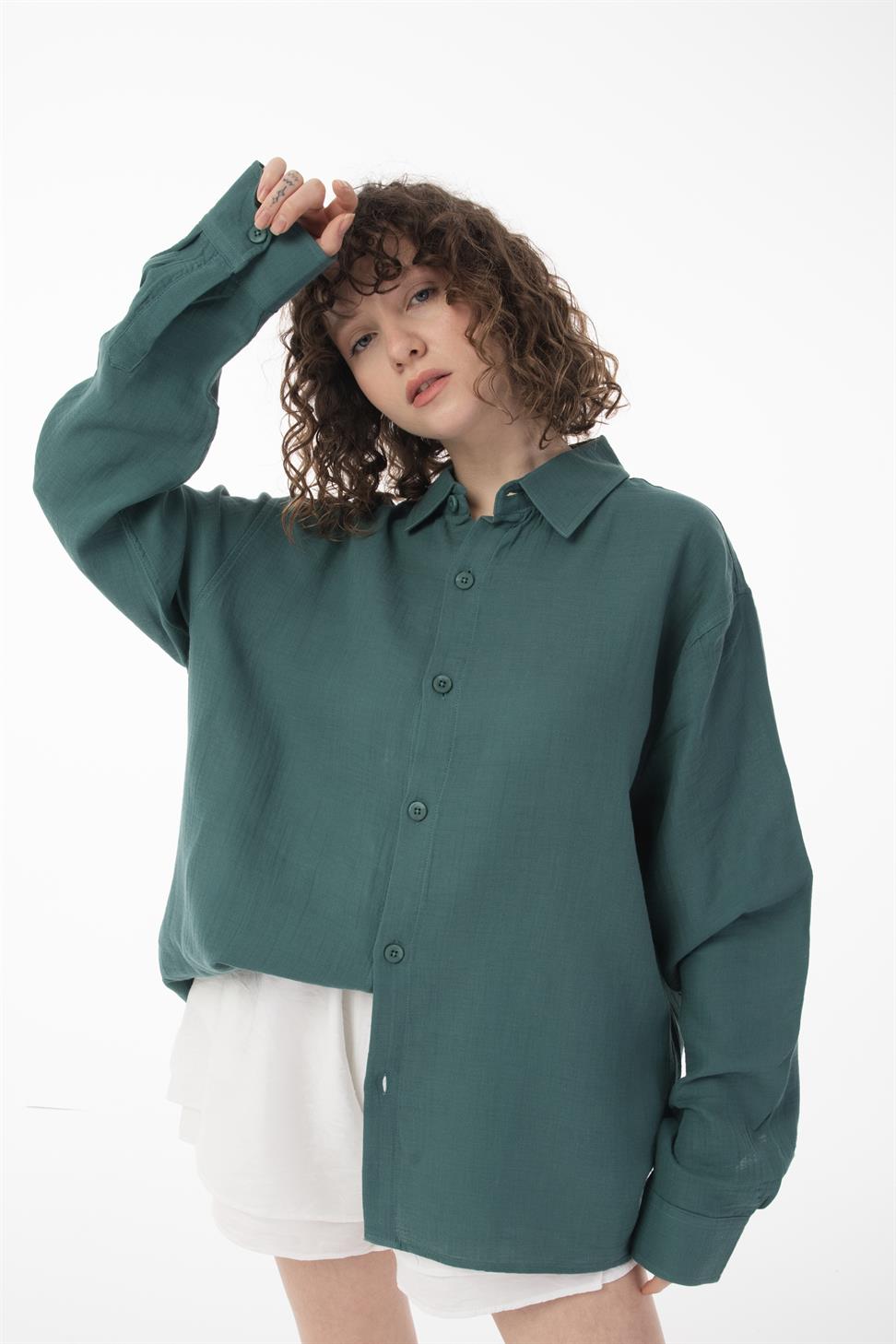 R-6048 Unisex Cotton Muslin Shirt in Petrol Green - Oversized Long Sleeve with Back Yoke Detail