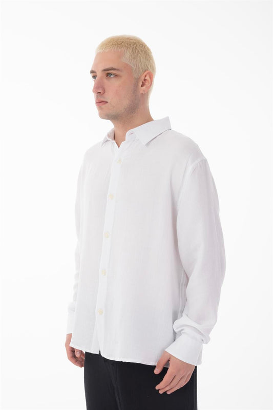R-6048 Unisex White Cotton Muslin Shirt - Classic Long Sleeve with Back Yoke Detail