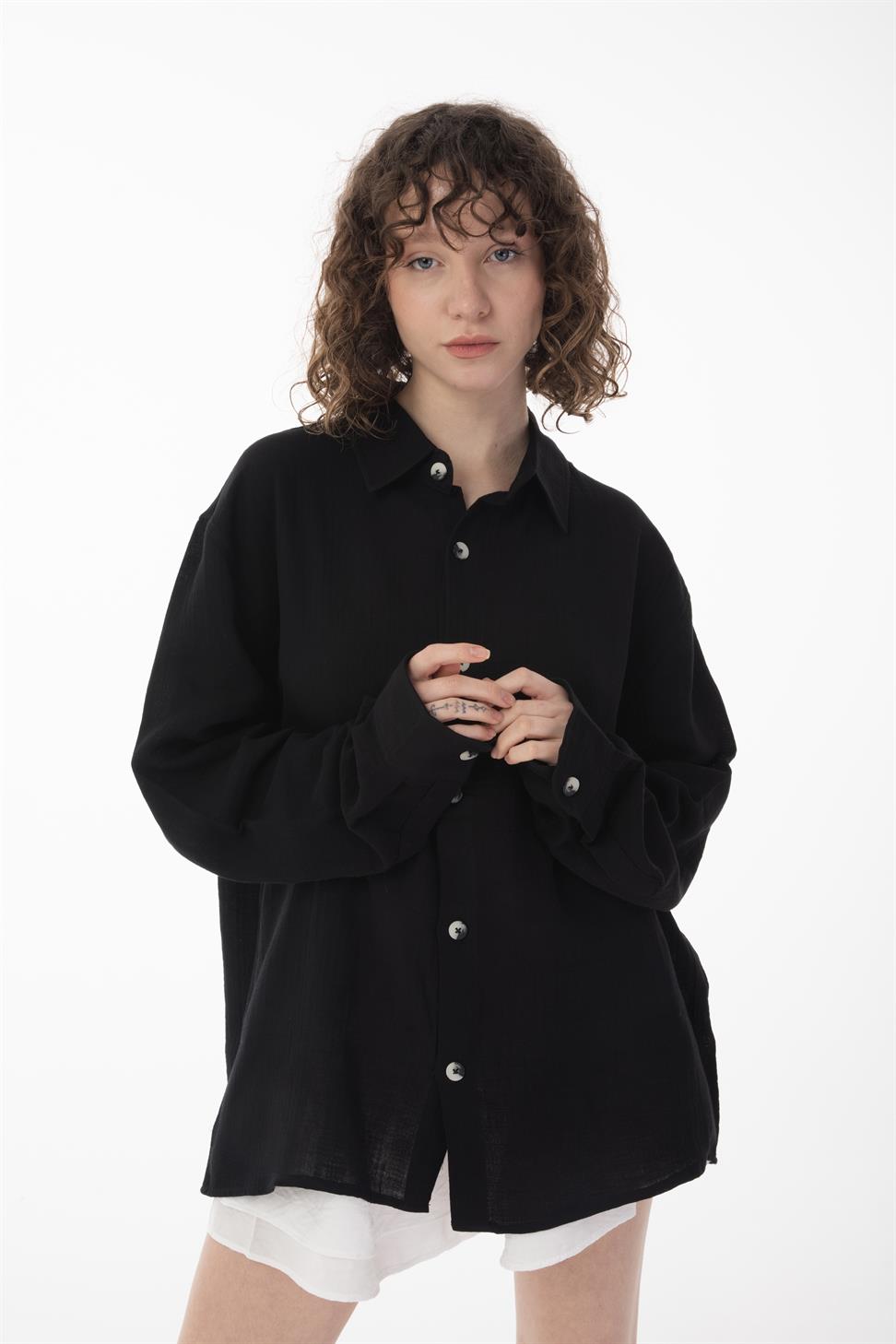 R-6048 Unisex Loose Cotton Muslin Shirt - Breathable, Soft Touch, Relaxed Casual Look Black