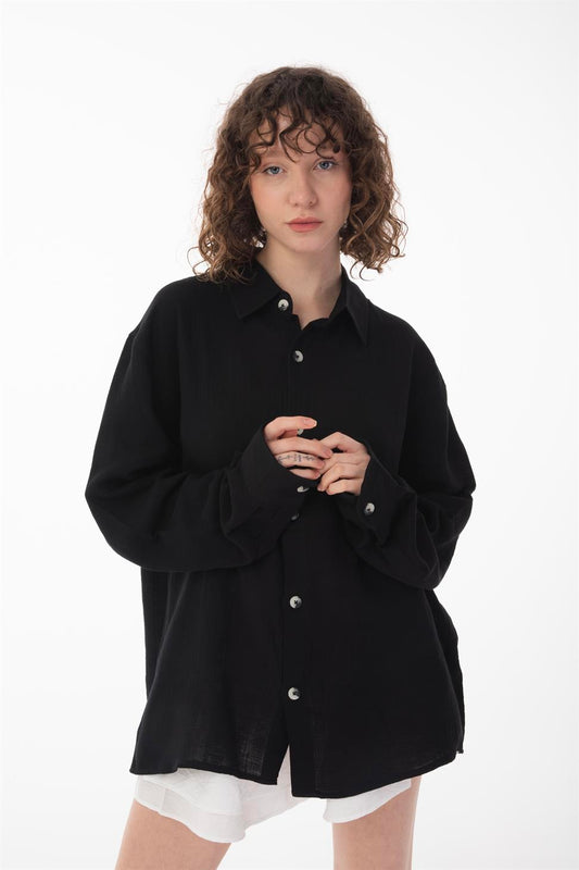 R-6048 Unisex Loose Cotton Muslin Shirt - Breathable, Soft Touch, Relaxed Casual Look Black