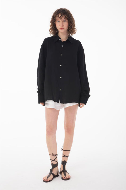R-6048 Unisex Loose Cotton Muslin Shirt - Breathable, Soft Touch, Relaxed Casual Look Black