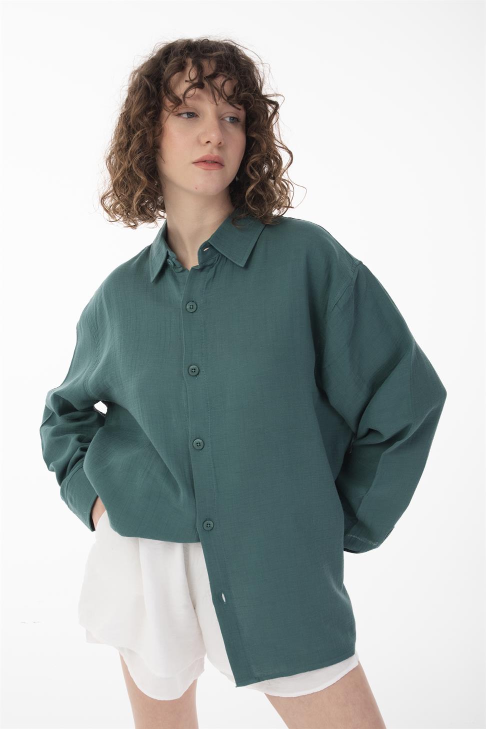 R-6048 Unisex Cotton Muslin Shirt in Petrol Green - Oversized Long Sleeve with Back Yoke Detail