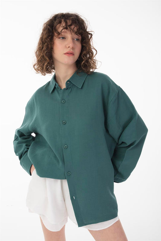R-6048 Unisex Cotton Muslin Shirt in Petrol Green - Oversized Long Sleeve with Back Yoke Detail