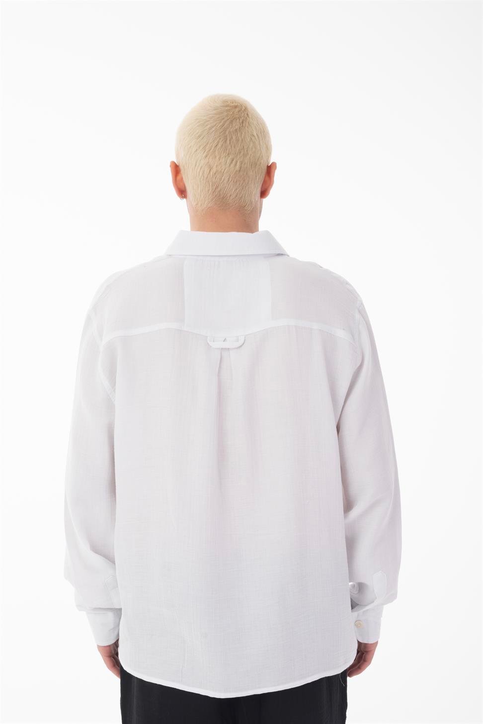 R-6048 Unisex White Cotton Muslin Shirt - Classic Long Sleeve with Back Yoke Detail