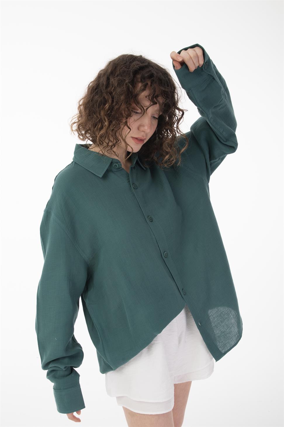R-6048 Unisex Cotton Muslin Shirt in Petrol Green - Oversized Long Sleeve with Back Yoke Detail