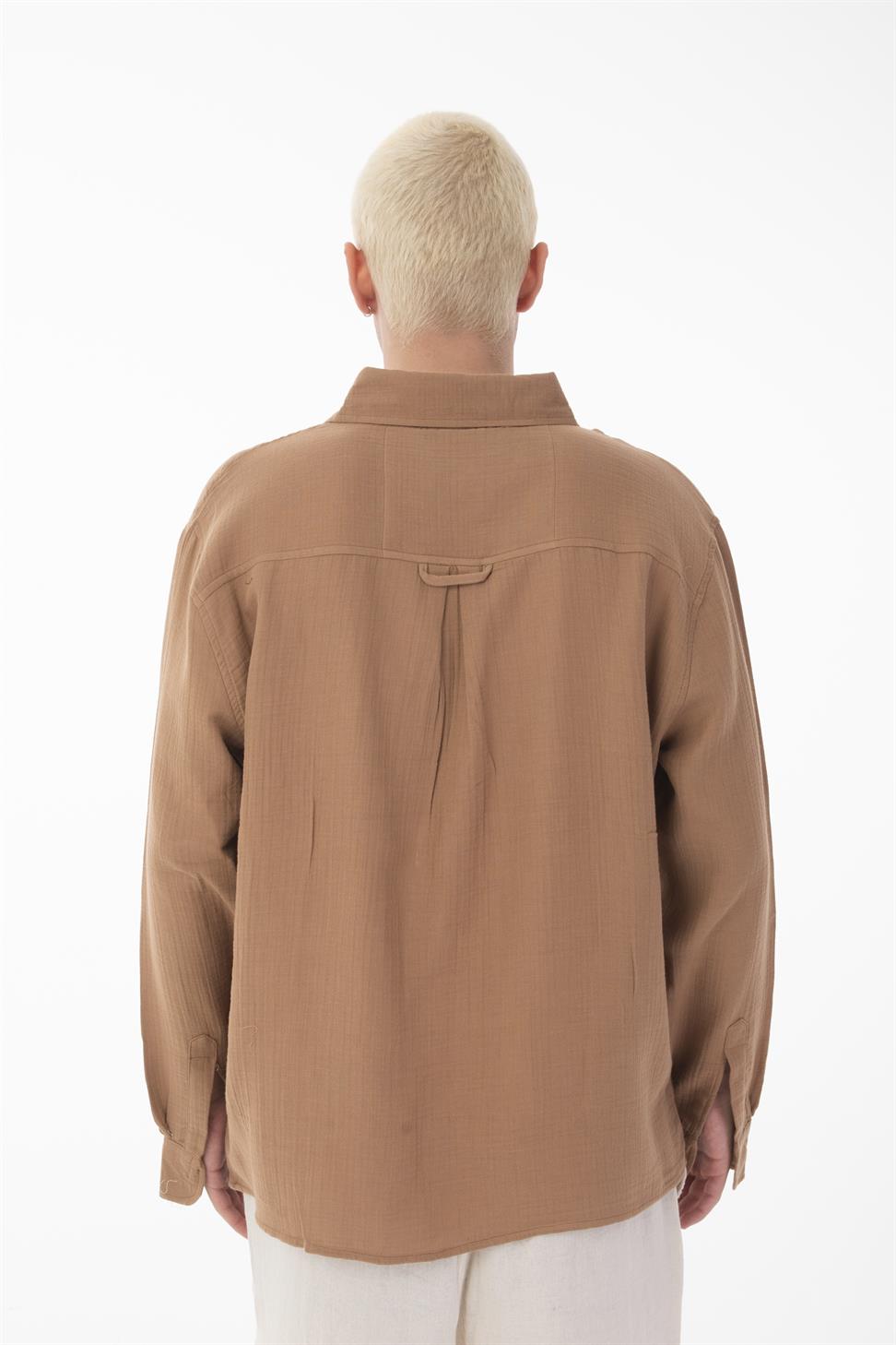 R-6048 Unisex Vizon Cotton Muslin Shirt - Modern Stand Collar, Long Sleeve Design
