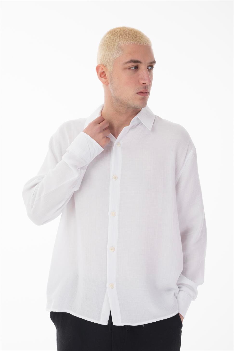 R-6048 Unisex White Cotton Muslin Shirt - Classic Long Sleeve with Back Yoke Detail